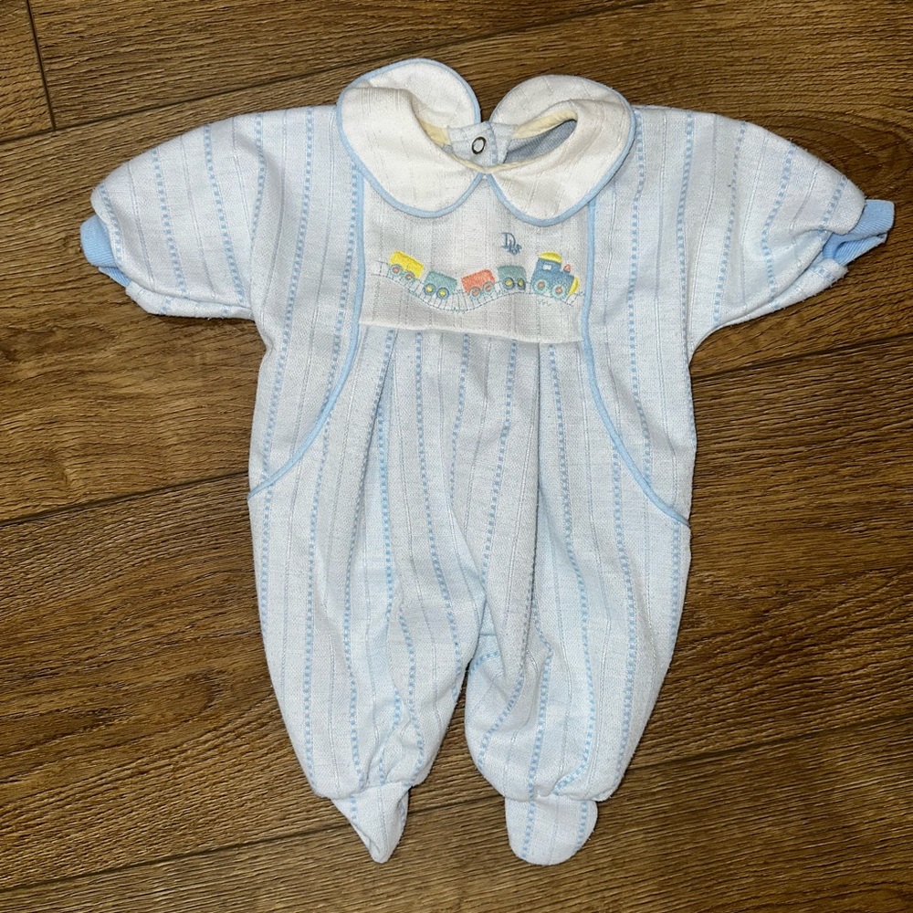 Charming Light Blue Kids Footie with Train Motif